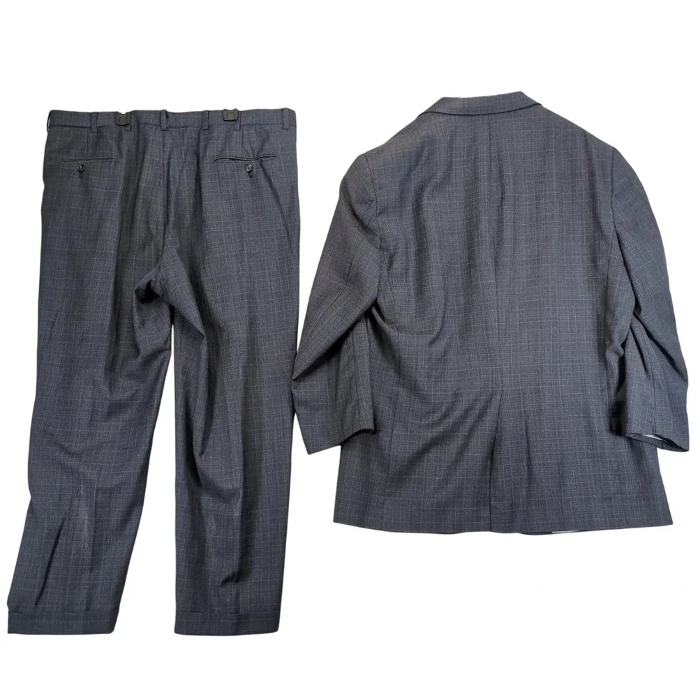 Vintage Hart Schaffner Marx Navy Windowpane 2pc Suit Mens 44R Jacket 39x28 Pants